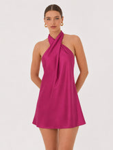 Satin Cross Halter Dress in Magenta