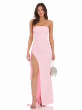 Strapless Ruched Ruffle Maxi Dress in Pink