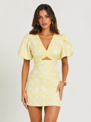 Diana Mini Dress - Jacquard Short Sleeve Cut Out Dress in Lemon