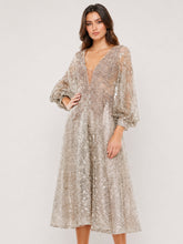 Beige Embellished Plunge Neck Bishop Sleeve Dress