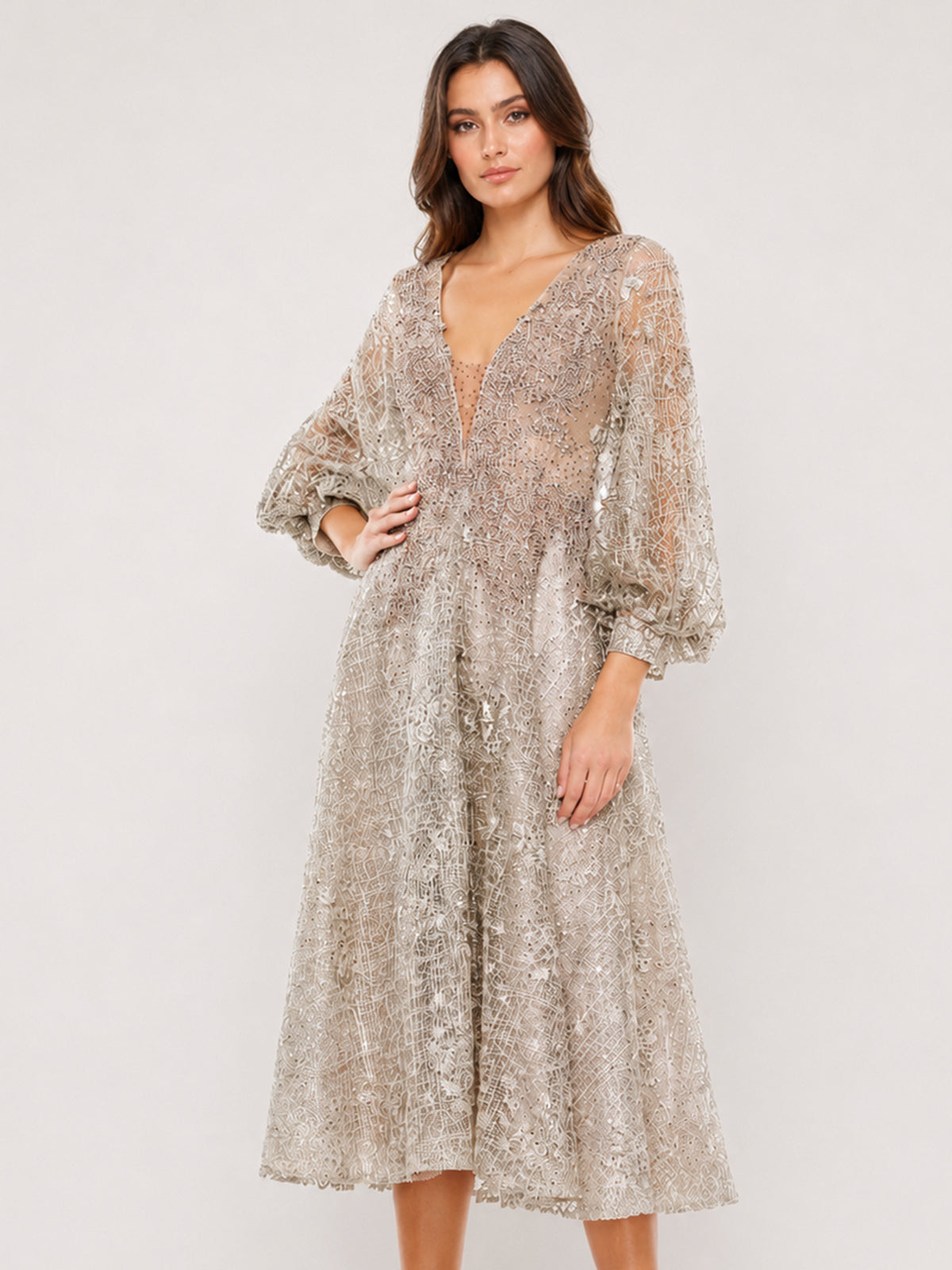 Beige Embellished Plunge Neck Bishop Sleeve Dress