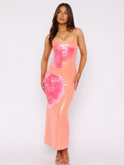 A-Line Strappy Sequin Floral Slip Maxi Dress