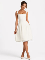 Bow-Detail Pleated A-Line Midi Dress in Ivory