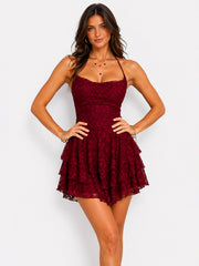 Lace Halter Ruffled Mini Dress