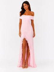 Off Shoulder Slit Low Back Maxi Dress